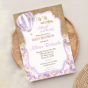 Invitation Baby shower de fille à montgolfière violet