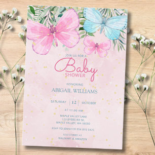Invitation Baby shower de fille à papillon rose