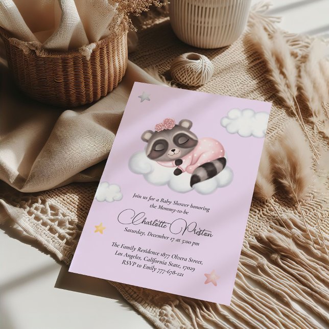 Invitation Baby shower de fille animale au raton laveur doux (Gentle Raccoon Animal Girl Baby Shower Invitation)