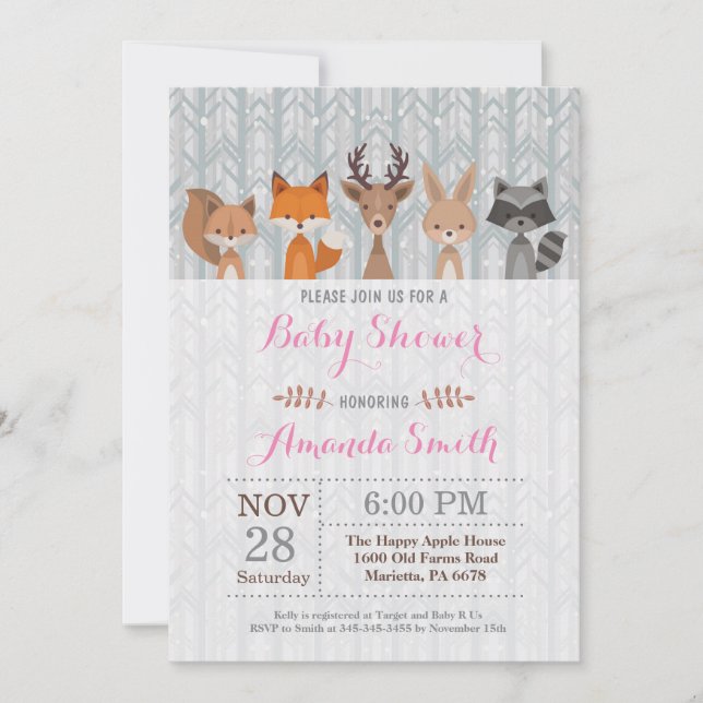 Invitation Baby shower de fille animale de bois d' (Devant)