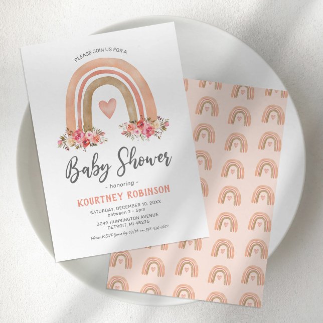 Invitation Baby shower de fille arc-en-ciel rose Boho (Créateur téléchargé)