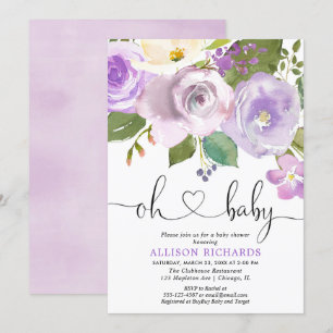 Invitation baby shower de fille aux aquarelles florales viole