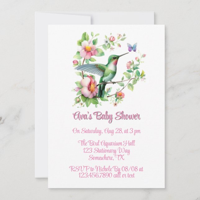 Invitation Baby shower de fille aux colibris et aux papillons (Devant)