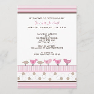 Invitation Baby shower de fille aux oiseaux roses et Brown In