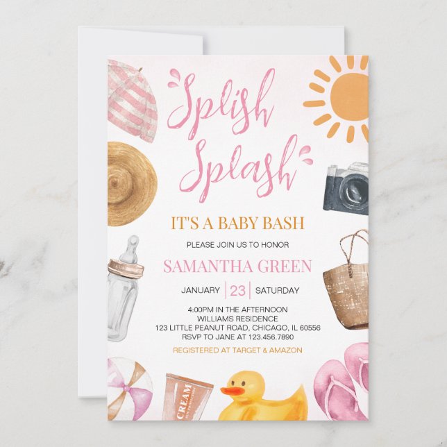 Invitation Baby shower de fille Bassh Splish Splash Baby (Devant)