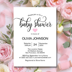 Invitation Baby shower de fille blanche de coeur rose personn