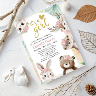 Invitation Baby shower de fille Boho Woodland avec fleurs ros