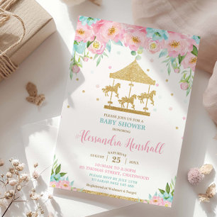 Invitation Baby shower de fille carrousel floral de Monnaie r