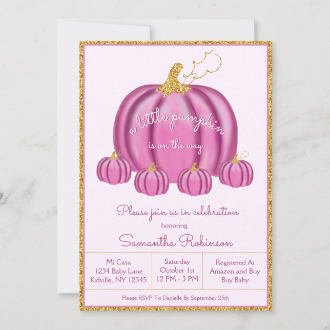 Invitation Baby shower de fille Citrouille rose et or automne (Devant)