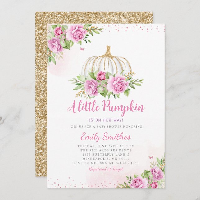 Invitation Baby shower de fille Citrouille rose rose pâle or  (Devant / Derrière)