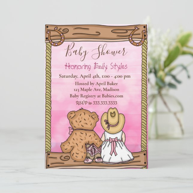 Invitation Baby shower de fille | Cowgirl and Teddy Bear (Debout devant)