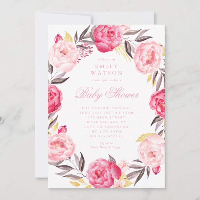 Invitation Baby shower de fille d'aquarelle rose fleurie (Devant)