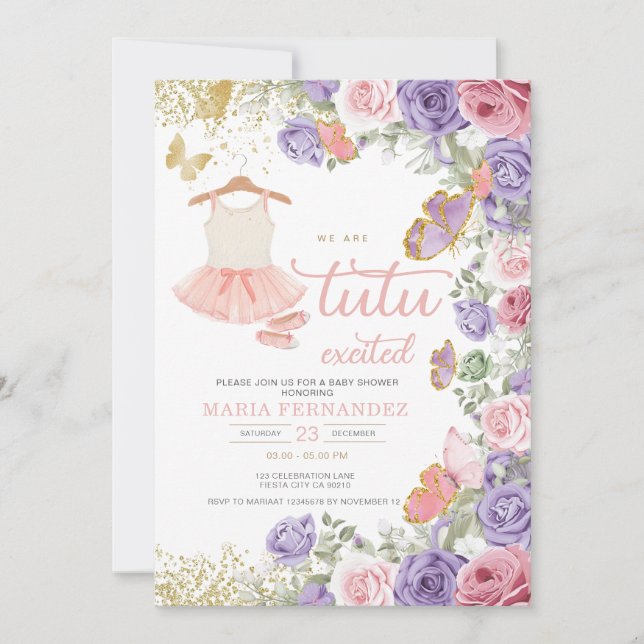 Invitation Baby shower de fille de ballet rose violet or (Devant)