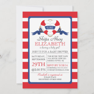 Invitation Baby shower de fille de bouée cardiaque marine mod