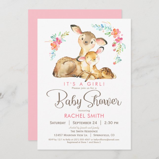 Invitation Baby shower de fille de cerfs de Woodland (Devant / Derrière)