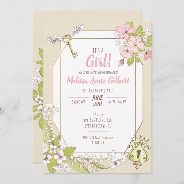 Invitation Baby shower de fille de jardin secret (Devant / Derrière)