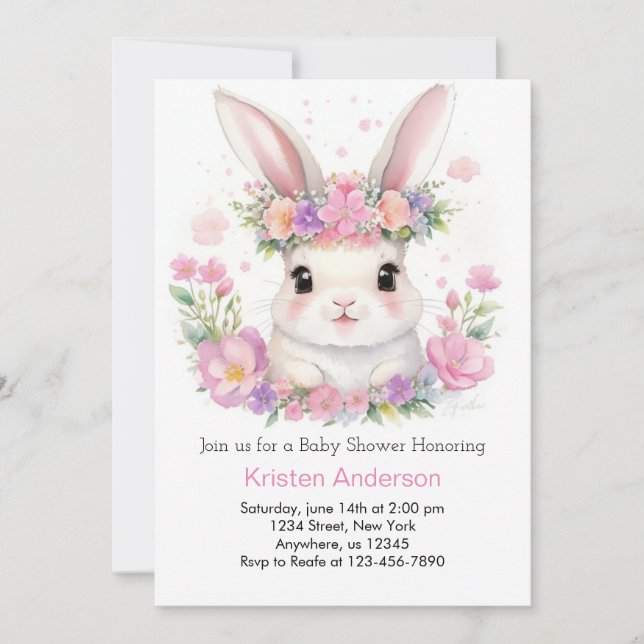Invitation Baby shower de fille de lapin blanc (Devant)