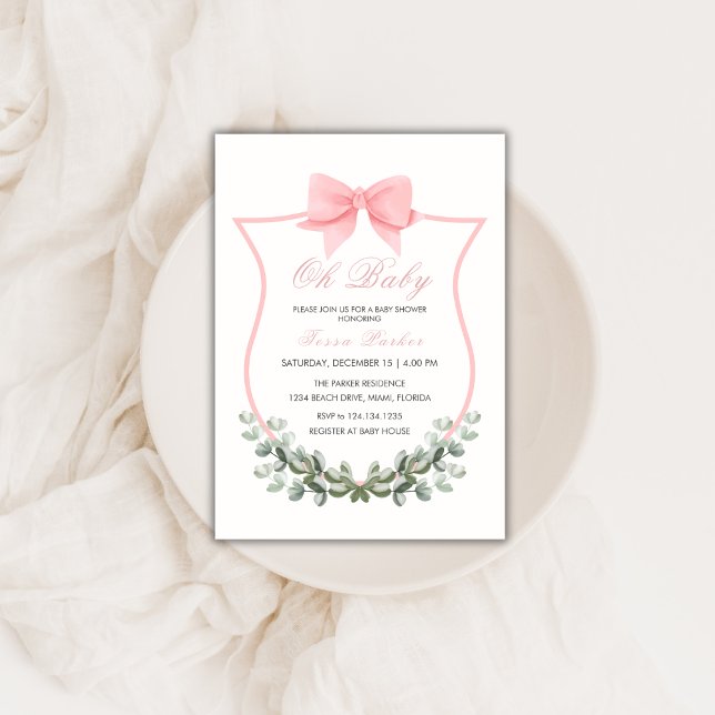 Invitation Baby shower de fille de poitrine rose simple Eucal (Pink Simple Bow Eucalyptus Crest Girl Baby Shower Invitation)