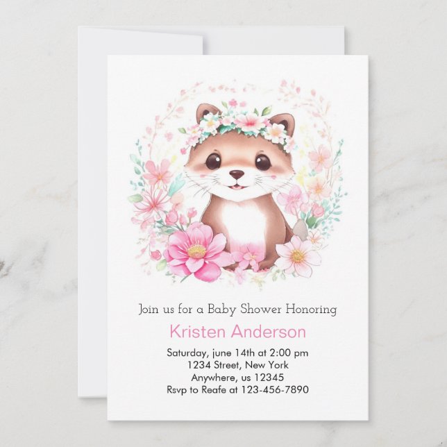Invitation Baby shower de fille de prairie de loutres roses W (Devant)