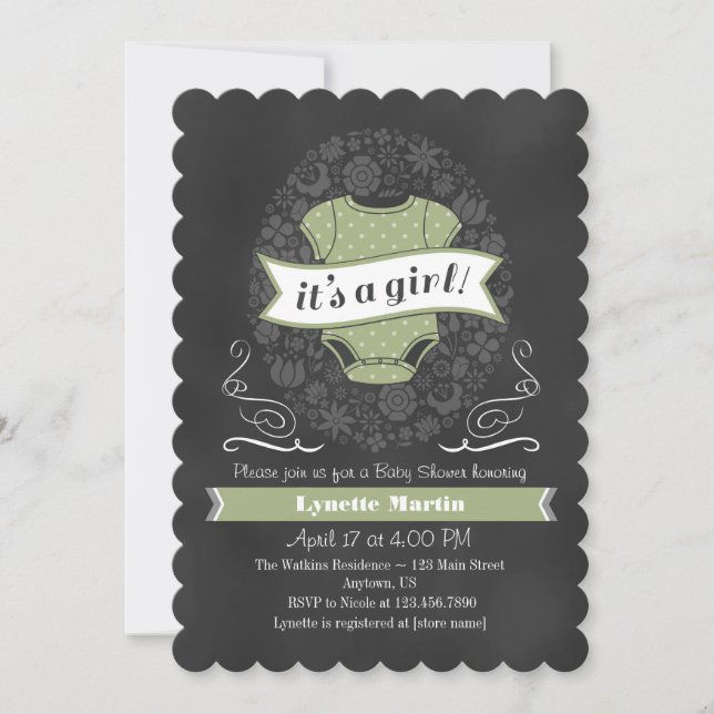 Invitation Baby shower de fille de tableau de bord vert Sage  (Devant)