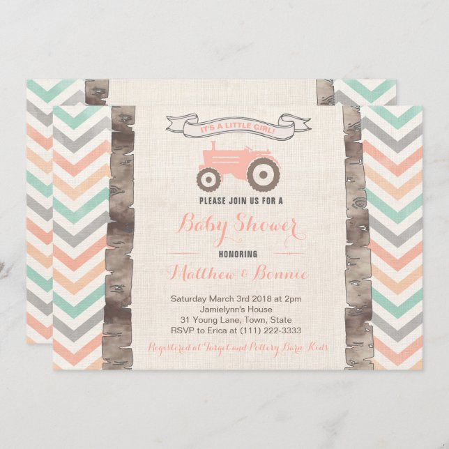 Invitation Baby shower de fille de tracteur de pêche gris à l (Devant / Derrière)