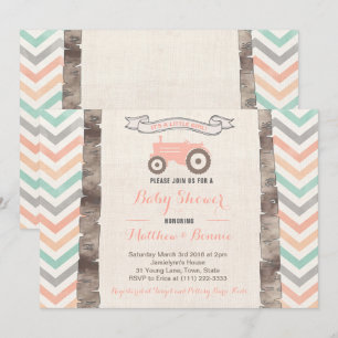 Invitation Baby shower de fille de tracteur de pêche gris à l
