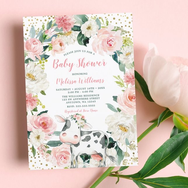 Invitation Baby shower de fille de vache Floral d'or rose (Créateur téléchargé)