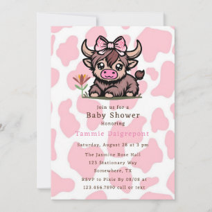 Invitation Baby shower de fille de vache rose Tan Highland