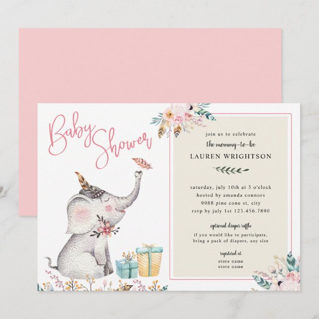 Invitation Baby shower de fille d'éléphant de Boho (Devant / Derrière)