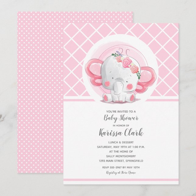 Invitation Baby shower de fille d'éléphant rose (Devant / Derrière)