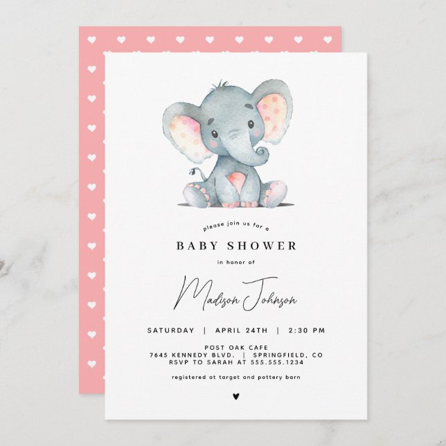 Invitation Baby shower de fille d'éléphant rose (Devant / Derrière)