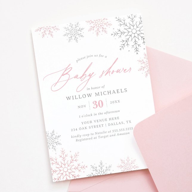 Invitation Baby shower de fille d'hiver Pink Snowflake (Créateur téléchargé)