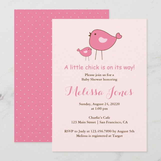 Invitation Baby shower de fille d'oiseau rose (Devant / Derrière)