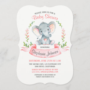 Invitation Baby shower de fille Eléphant Aquarelle
