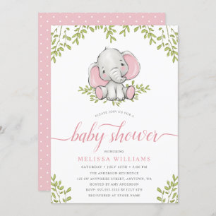 Invitation Baby shower de fille Eléphant de verdure moderne