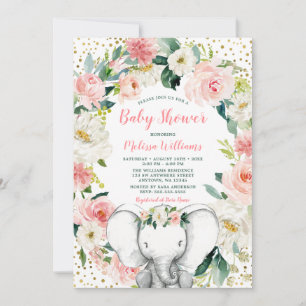 Invitation Baby shower de fille Eléphant Floral Rose or