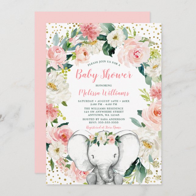 Invitation Baby shower de fille Eléphant Floral Rose or (Devant / Derrière)