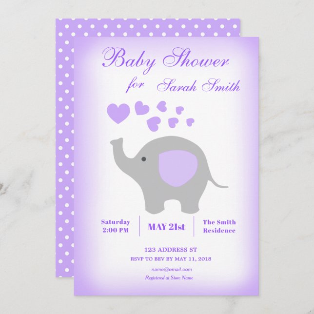 Invitation Baby shower de fille éléphante Coeurs p (Devant / Derrière)