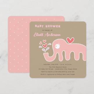 Invitation Baby shower de fille éléphante en caricature rose 