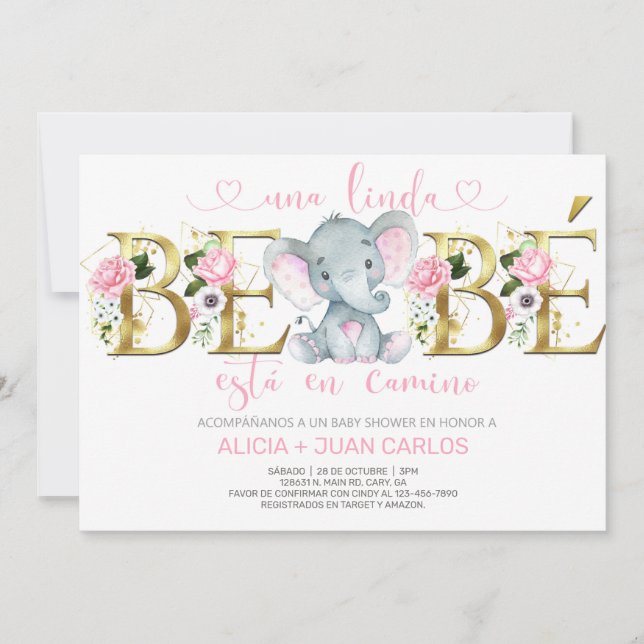 Invitation baby shower de fille éléphante, espagno (Devant)