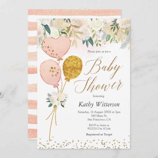 Invitation Baby shower de fille en ballons roses (Devant / Derrière)