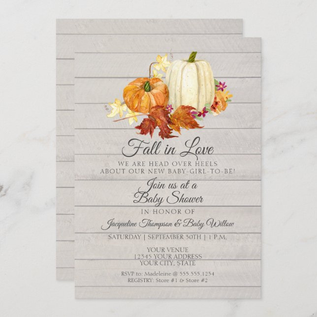 Invitation Baby shower de fille en bois Citrouille gris clair (Devant / Derrière)