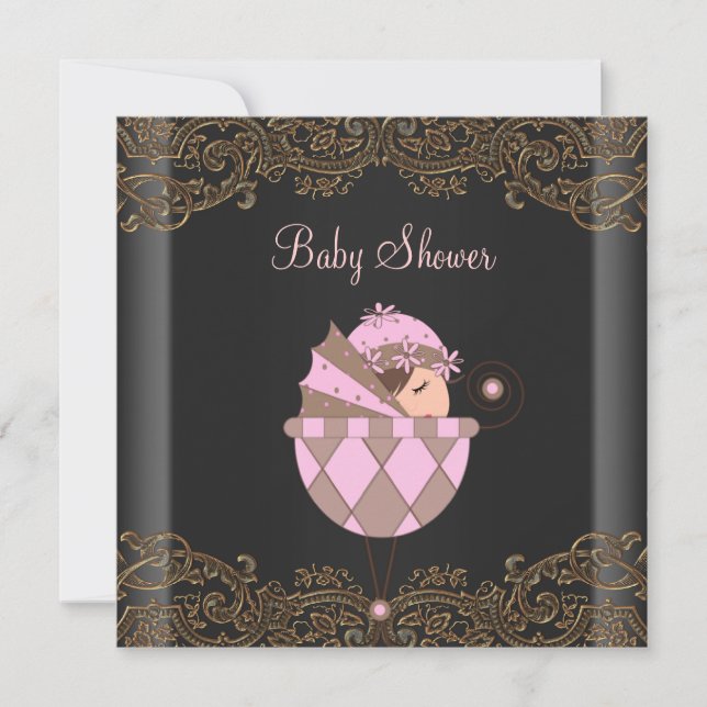 Invitation Baby shower de fille en dentelle rose noire (Devant)