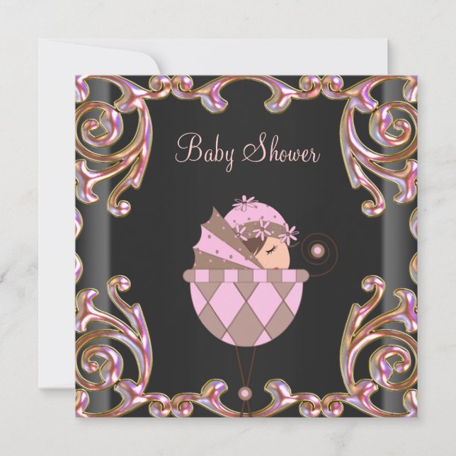 Invitation Baby shower de fille en dentelle rose noire (Devant)