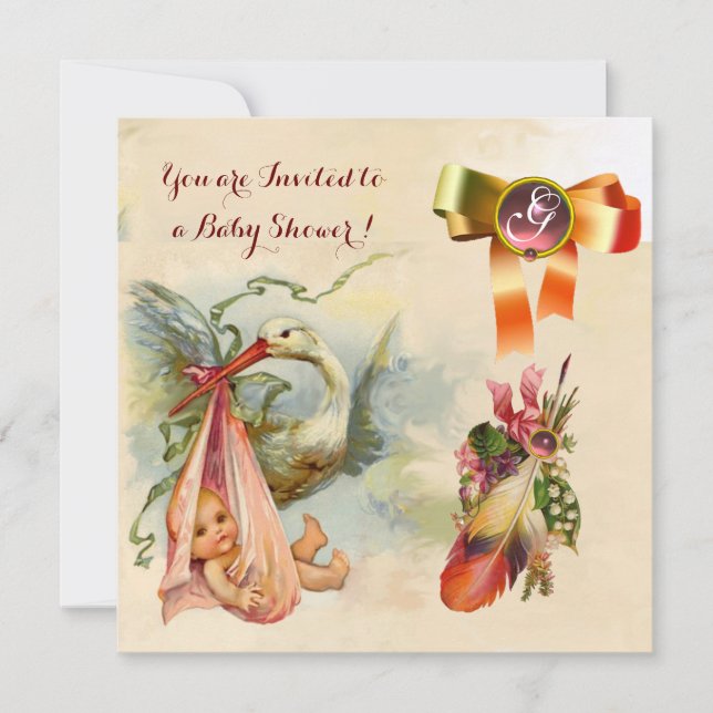 Invitation Baby shower DE FILLE EN STORK ROSE, MONOGRAMME EN  (Devant)