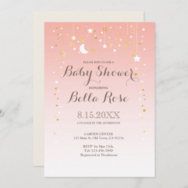 Invitation Baby shower de fille étoile rose pâle (Devant / Derrière)