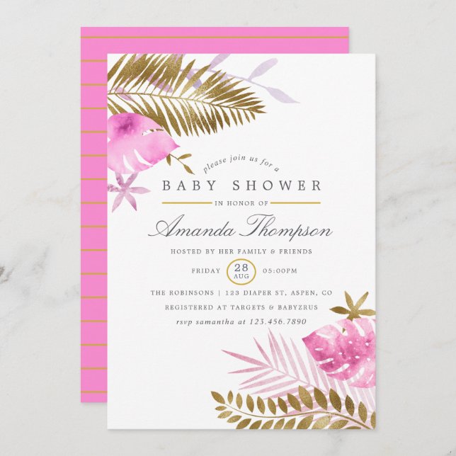 Invitation Baby shower de fille Feuille rose et or tropicale (Devant / Derrière)