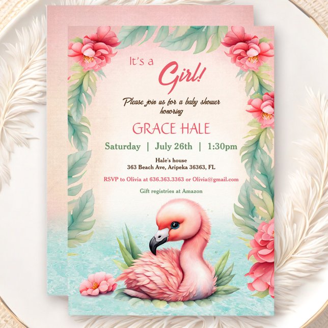 Invitation Baby shower de fille Flamant rose rose d'été tropi (Tropical Summer Pink Flamingo Girl Baby Shower Invitation)