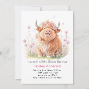 Invitation Baby shower de fille Fleur sauvage de vache rose H