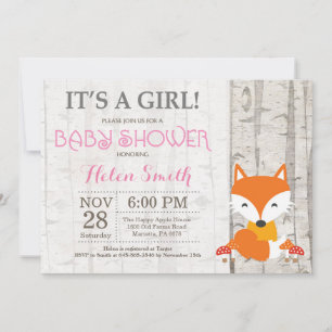Invitation Baby shower de fille Fox Woodland rusti